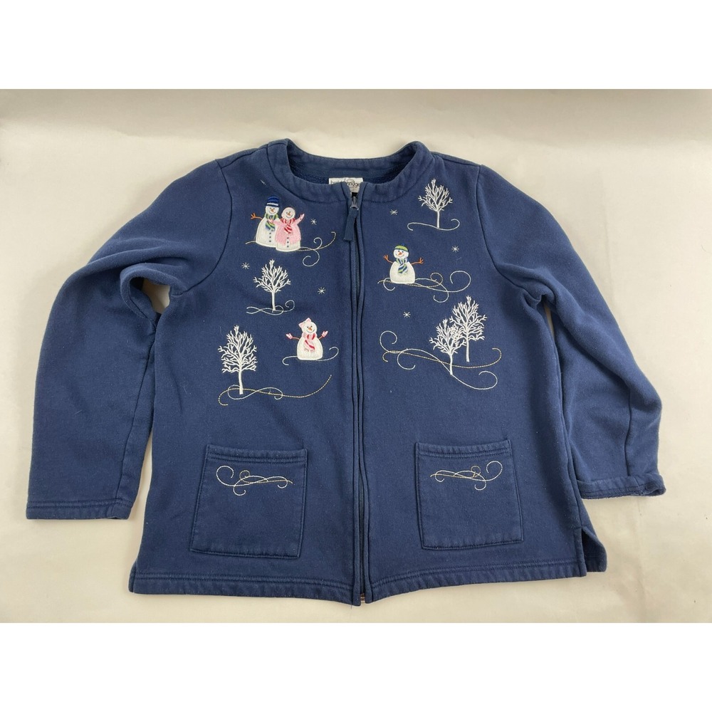 Bec & Bridge Sweater Women's Size Large Navy Blue Full Zip Winter Snowman Design
